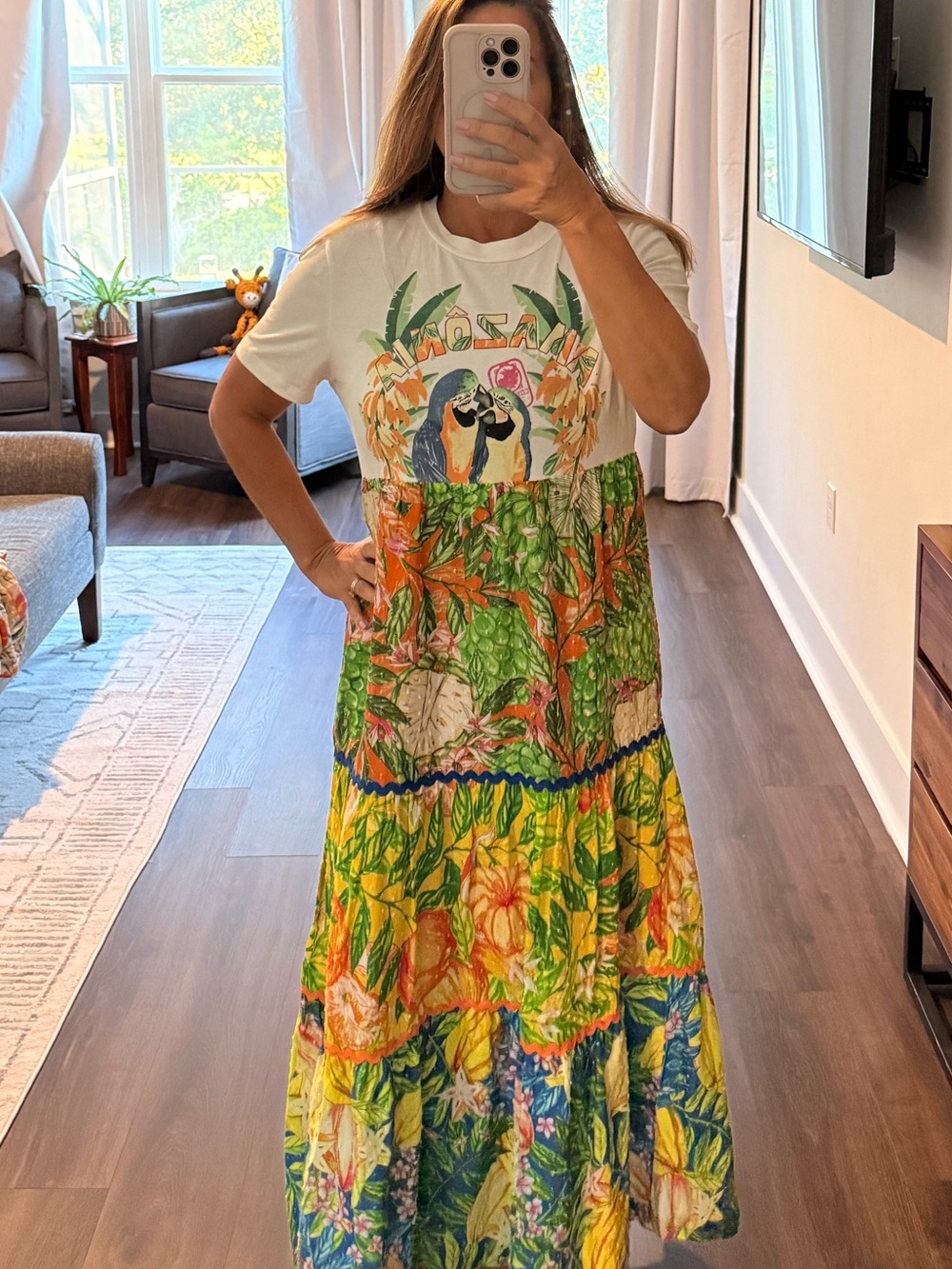 FARM Rio White Maxi Dress with Green, Yellow and Orange Tropical Print